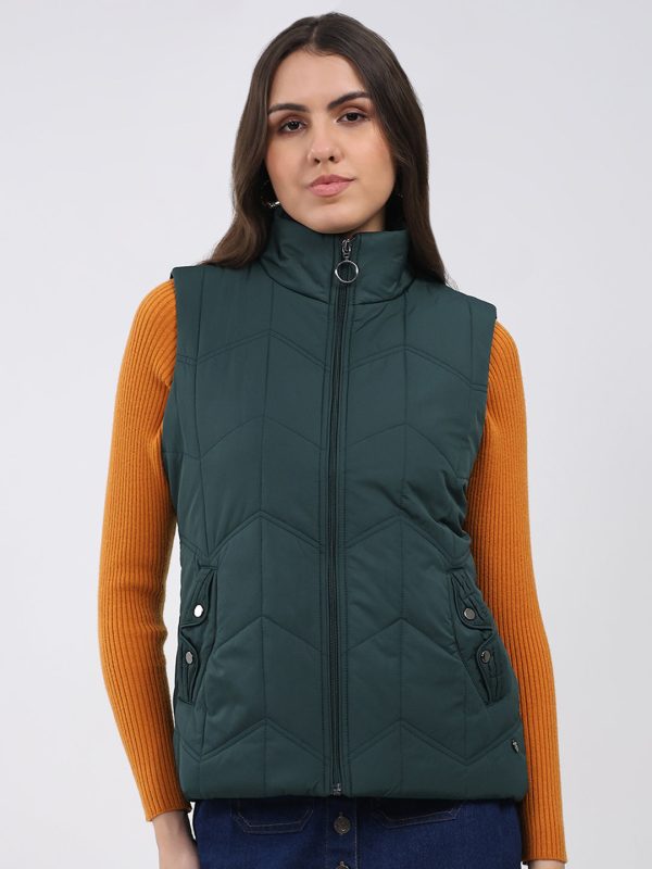 Women Green Solid Collar Sleeveless Jacket