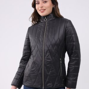 Women Black Solid Mock Neck Full Sleeve Jacket