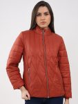 Women Rust Solid Mock Neck Full Sleeve Jacket