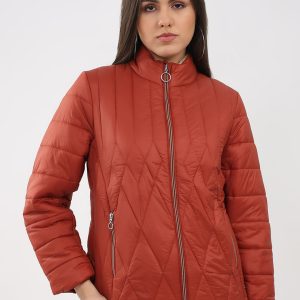 Women Rust Solid Mock Neck Full Sleeve Jacket