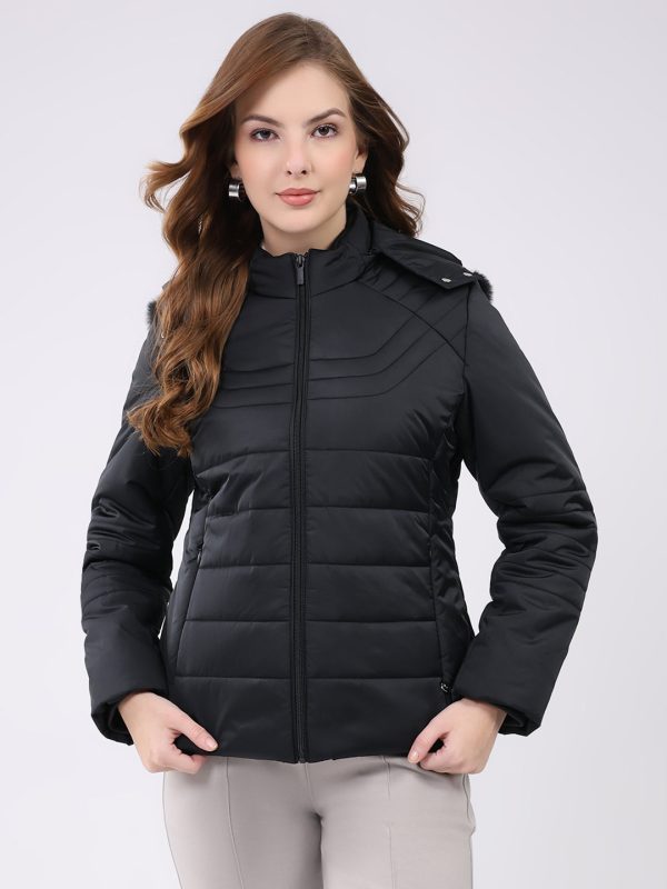 Women Black Solid Hooded Full Sleeve Jacket