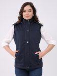 Women Navy Blue Solid Hooded Sleeveless Jacket