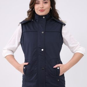 Women Navy Blue Solid Hooded Sleeveless Jacket