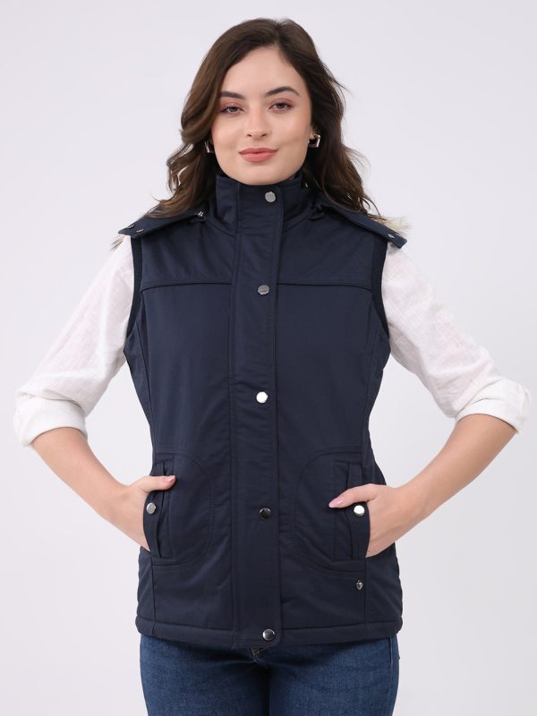 Women Navy Blue Solid Hooded Sleeveless Jacket