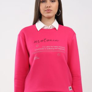 Women Magenta Printed Round Neck Full Sleeve Sweatshirt
