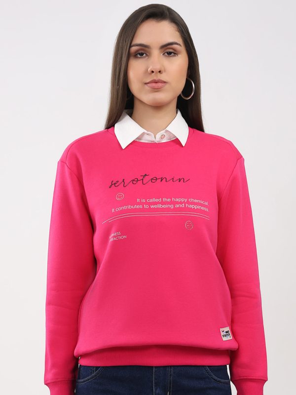 Women Magenta Printed Round Neck Full Sleeve Sweatshirt