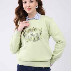 Women Green Printed Round Neck Full Sleeve Sweatshirt