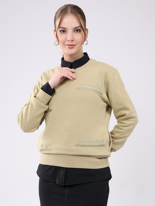 Women Beige Printed Round Neck Full Sleeve Sweatshirt