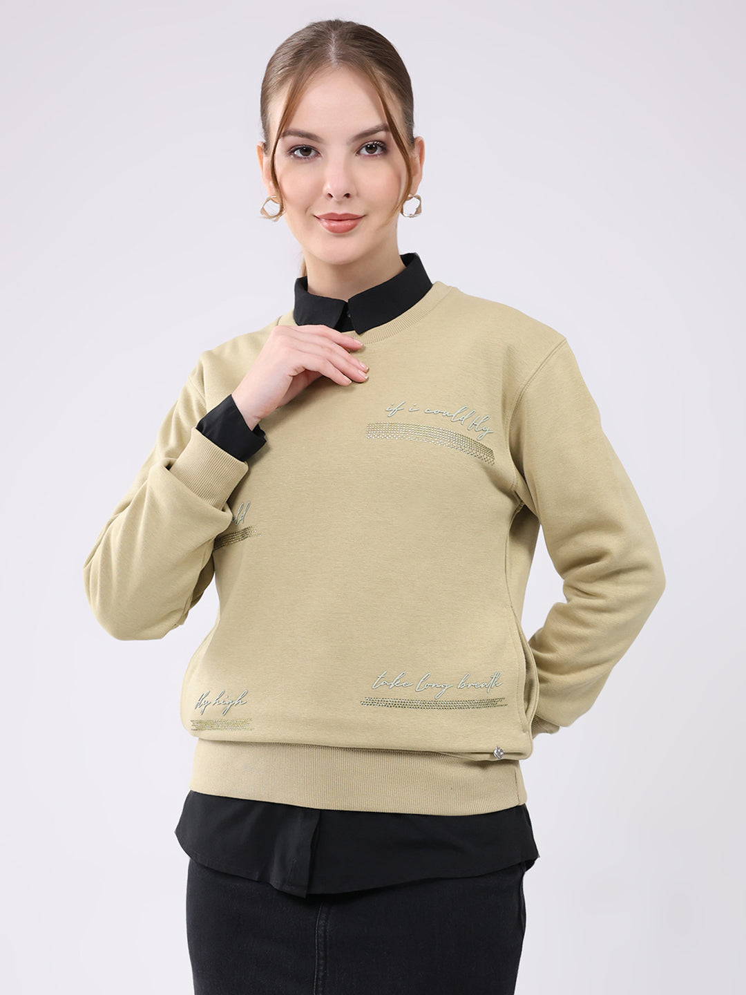 Women Beige Printed Round Neck Full Sleeve Sweatshirt