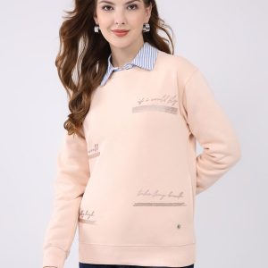 Women Peach Printed Round Neck Full Sleeve Sweatshirt