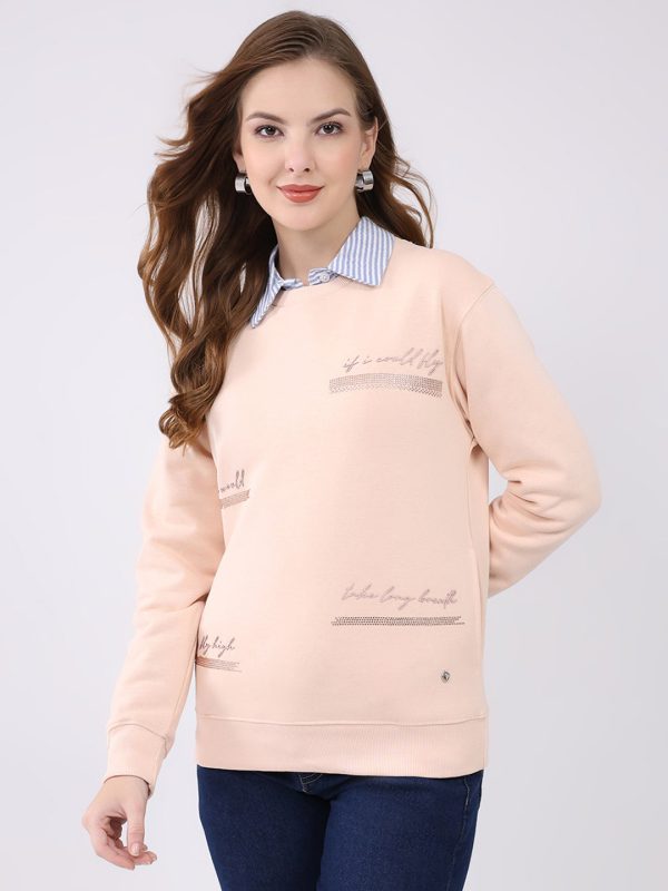 Women Peach Printed Round Neck Full Sleeve Sweatshirt