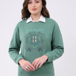 Women Green Printed Round Neck Full Sleeve Sweatshirt
