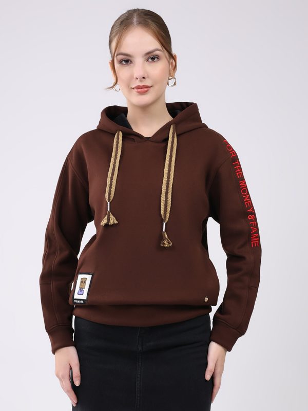 Women Brown Printed Hooded Full Sleeve Sweatshirt