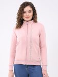 Women Pink Solid Mock Neck Full Sleeve Sweatshirt