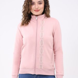 Women Pink Solid Mock Neck Full Sleeve Sweatshirt