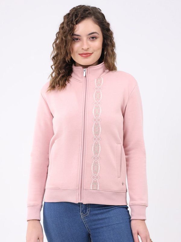 Women Pink Solid Mock Neck Full Sleeve Sweatshirt