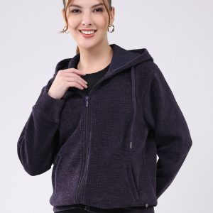 Women Purple Self Design Hooded Full Sleeve Sweatshirt