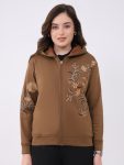 Women Brown Embroidered Hooded Full Sleeve Sweatshirt