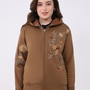 Women Brown Embroidered Hooded Full Sleeve Sweatshirt
