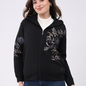 Women Black Embroidered Hooded Full Sleeve Sweatshirt