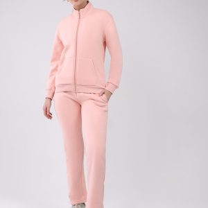 Women Peach Solid Mock Neck Full Sleeve Winter Tracksuit