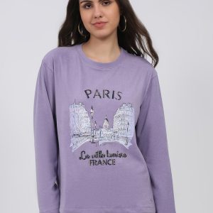 Women Purple Printed Round Neck Full Sleeve Winter Top