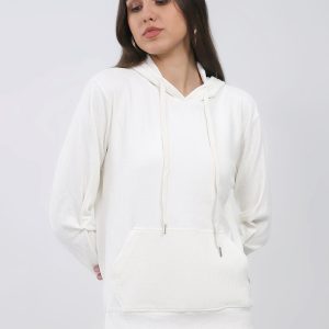 Women White Printed Hooded Full Sleeve Winter Top