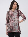 Women Burgundy Printed Round Neck 3/4th Sleeve Winter Kurti