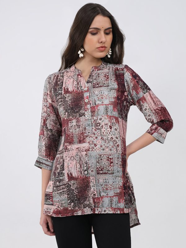 Women Burgundy Printed Round Neck 3/4th Sleeve Winter Kurti