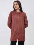 Women Maroon Printed Collar 3/4th Sleeve Winter Kurti