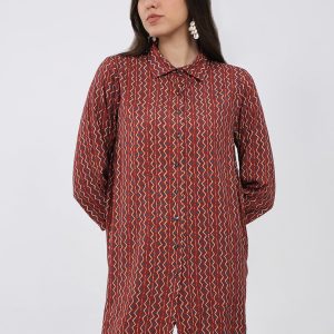 Women Maroon Printed Collar 3/4th Sleeve Winter Kurti