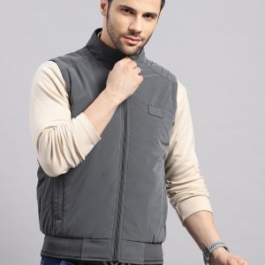 Men Grey Solid Collar Sleeveless Reversible Jacket