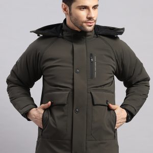 Men Olive Solid Hooded Full Sleeve Jacket