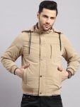 Men Khaki Solid Hooded Full Sleeve Jacket