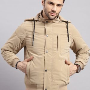 Men Khaki Solid Hooded Full Sleeve Jacket