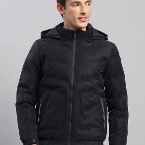 Men Navy Blue Solid Hooded Full Sleeve Jacket