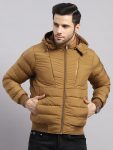 Men Khaki Solid Hooded Full Sleeve Jacket