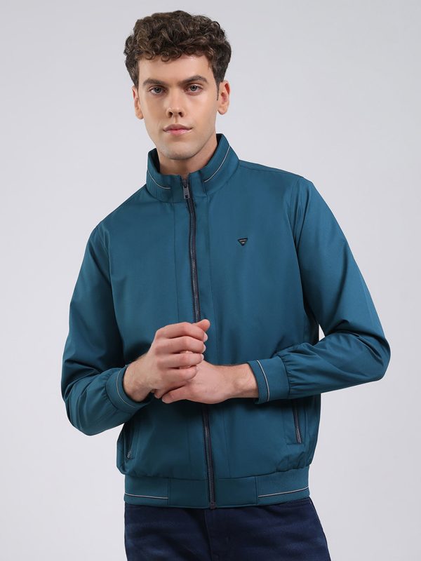 Men Teal Blue Solid Stand Collar Full Sleeve Jacket