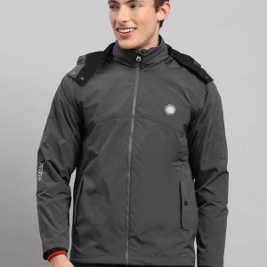 Men Grey Solid Hooded Full Sleeve Jacket