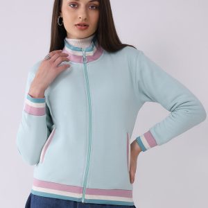 Women Blue Solid Mock Neck Full Sleeve Sweatshirt