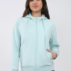 Women Sea Green Solid Hooded Full Sleeve Sweatshirt