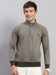 Men Olive Solid Collar Full Sleeve Sweatshirt