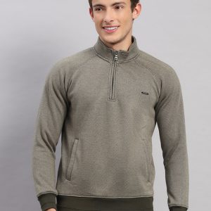 Men Olive Solid Collar Full Sleeve Sweatshirt