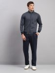 Men Navy Blue Embroidered Round Neck Full Sleeve Winter Tracksuit
