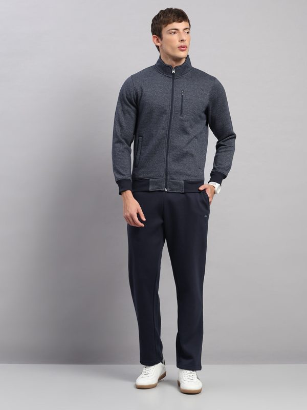 Men Navy Blue Embroidered Round Neck Full Sleeve Winter Tracksuit