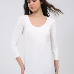 Women White Solid Round Neck 3/4th Sleeve Thermal Vest
